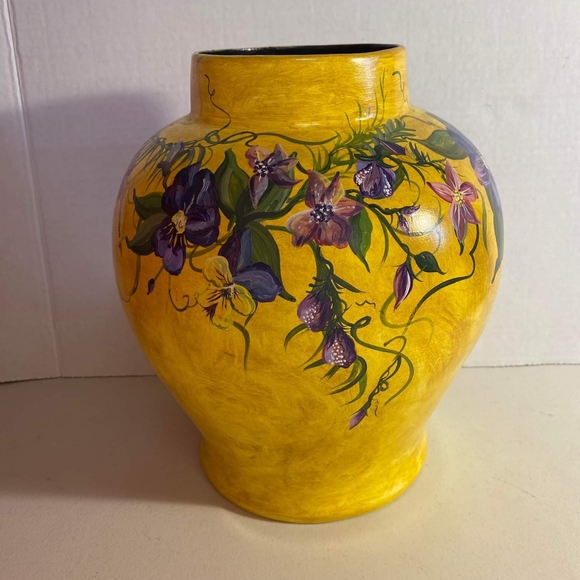 Large Floral Yellow Vase 11in Handpainted Signed TLC1995 Like New Vintage